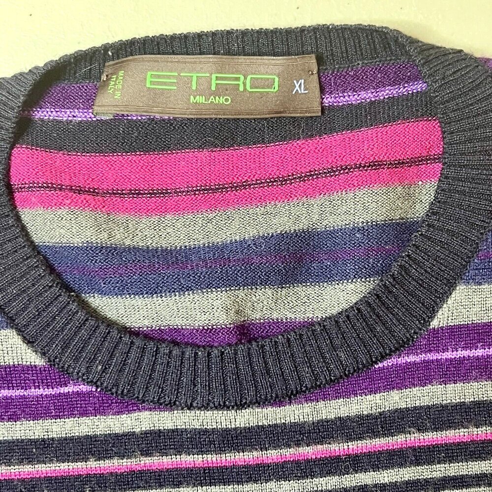 ETRO Sweater Womens Fits Like L Dark Striped Wool Crew Neck Made in Italy - Picture 12 of 16